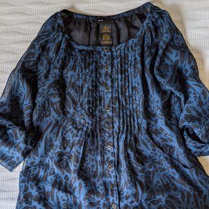 Blue Animal Print Roll-Sleeve Blouse